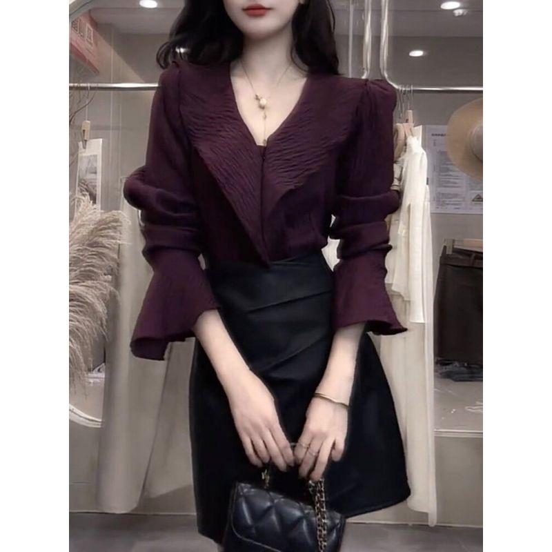 Light Mature Style V-Neck Ruffled Purple Top for Women, 2026 Autumn New Design with Bell Sleeves and Fashionable Texture
