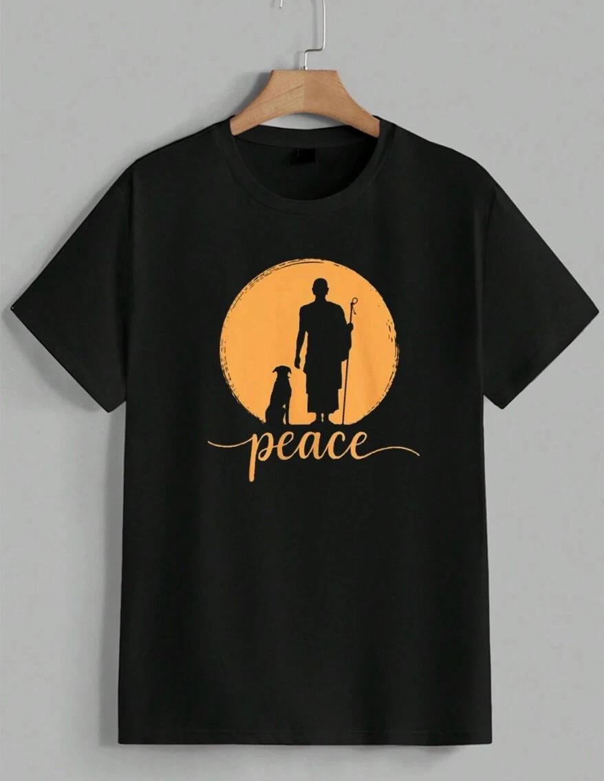 Tokyo-Tiger Monk Dog and Sun Peace T-Shirt Buddhist Zen Art Graphic Tee Unisex XXL