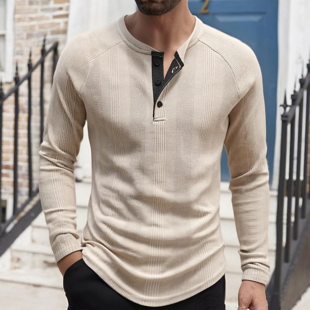 Herren Einfarbig Gerippt Texturiert Knopfleiste Rundhals Langarm Top