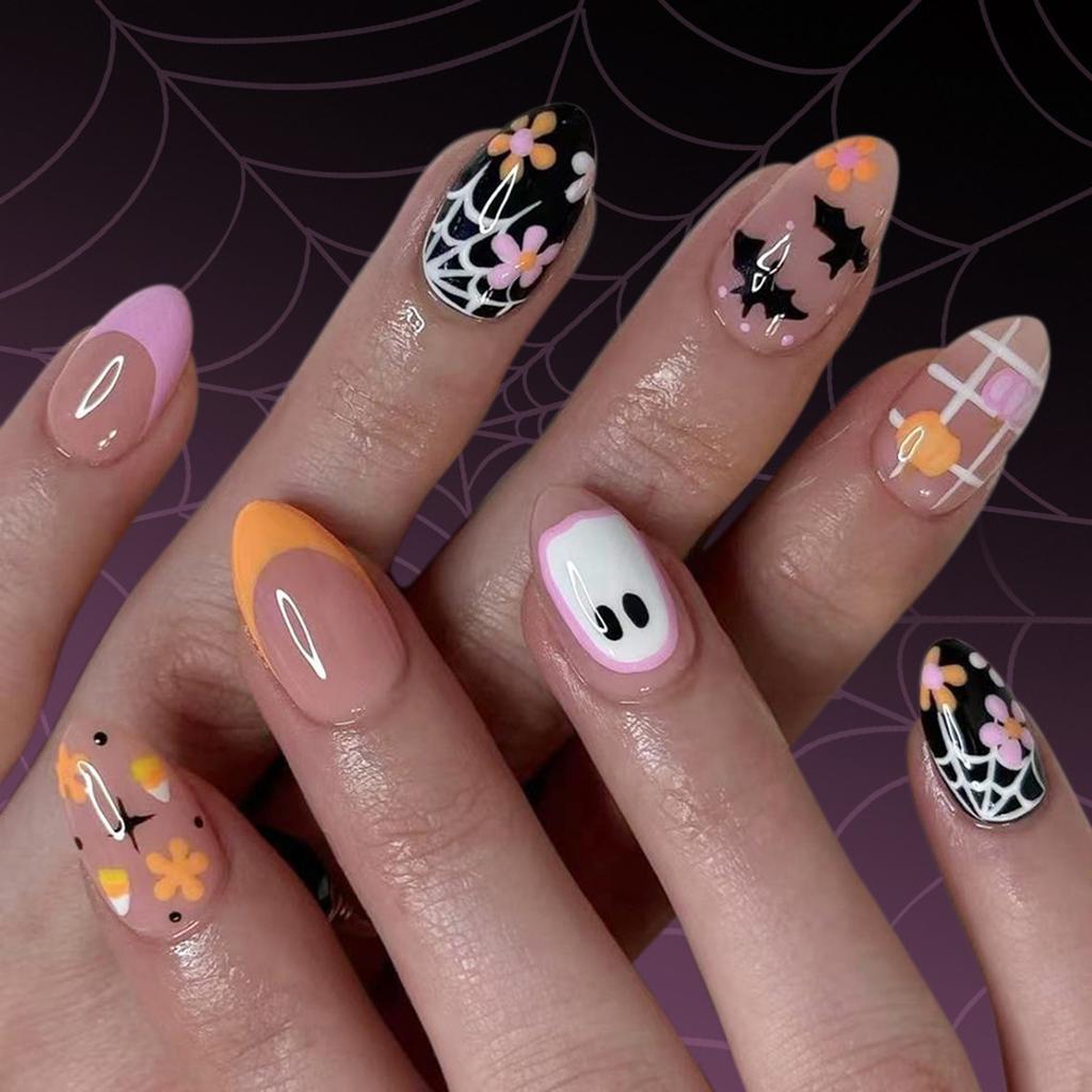 Halloween Press On Nails Almond Fake Nails Bat Acrylic Nails Glossy False Nails Stick On Nails Full Cover Fake Nails