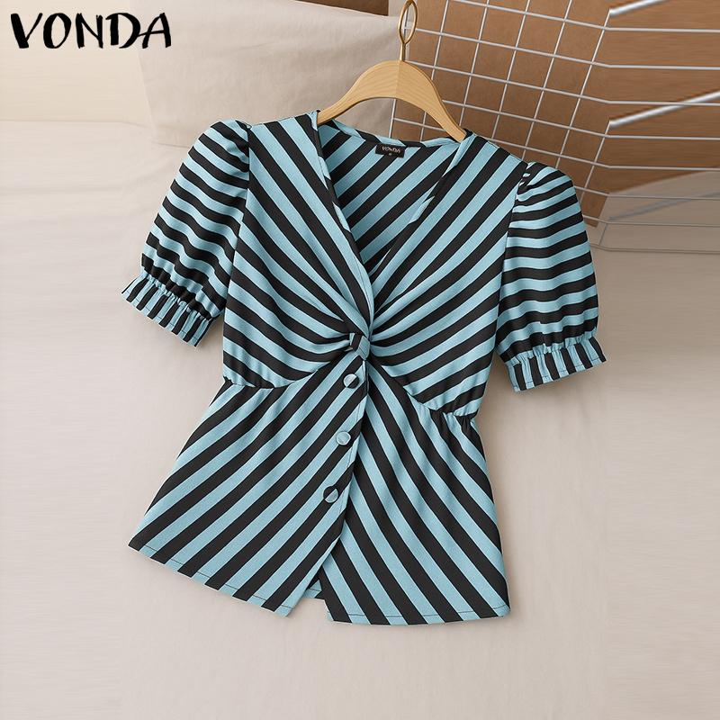 VONDA Summer Women Short Puff Sleeve Twisted Striped Casual Blouse
