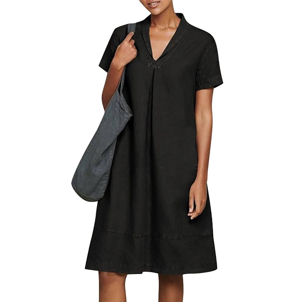 Women's Summer Casual Midi Short Sleeve Dresses Solid Color V-Neck Beach Vacation Dresses