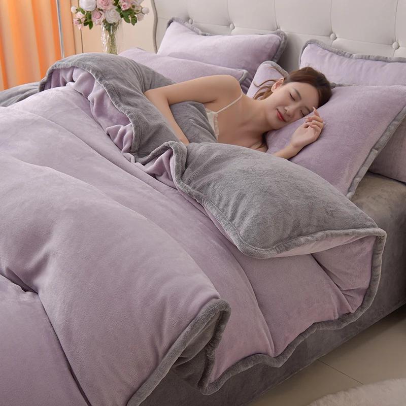 Simple Wind Milk Fleece Four-piece Set Thickened Coral Fleece Solid Color Bed Sheet Quilt Cover Single Piece Fleece Winter