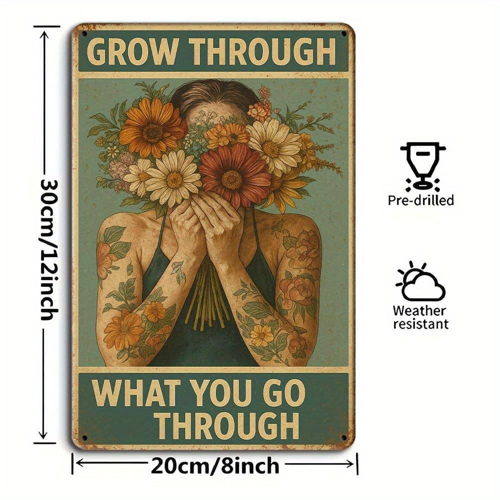1pc Sign Funny Retro Tin Sign, Flower Pot Head Grow Through What You Go Through Sign Mental Health Sign Pot Head Sign