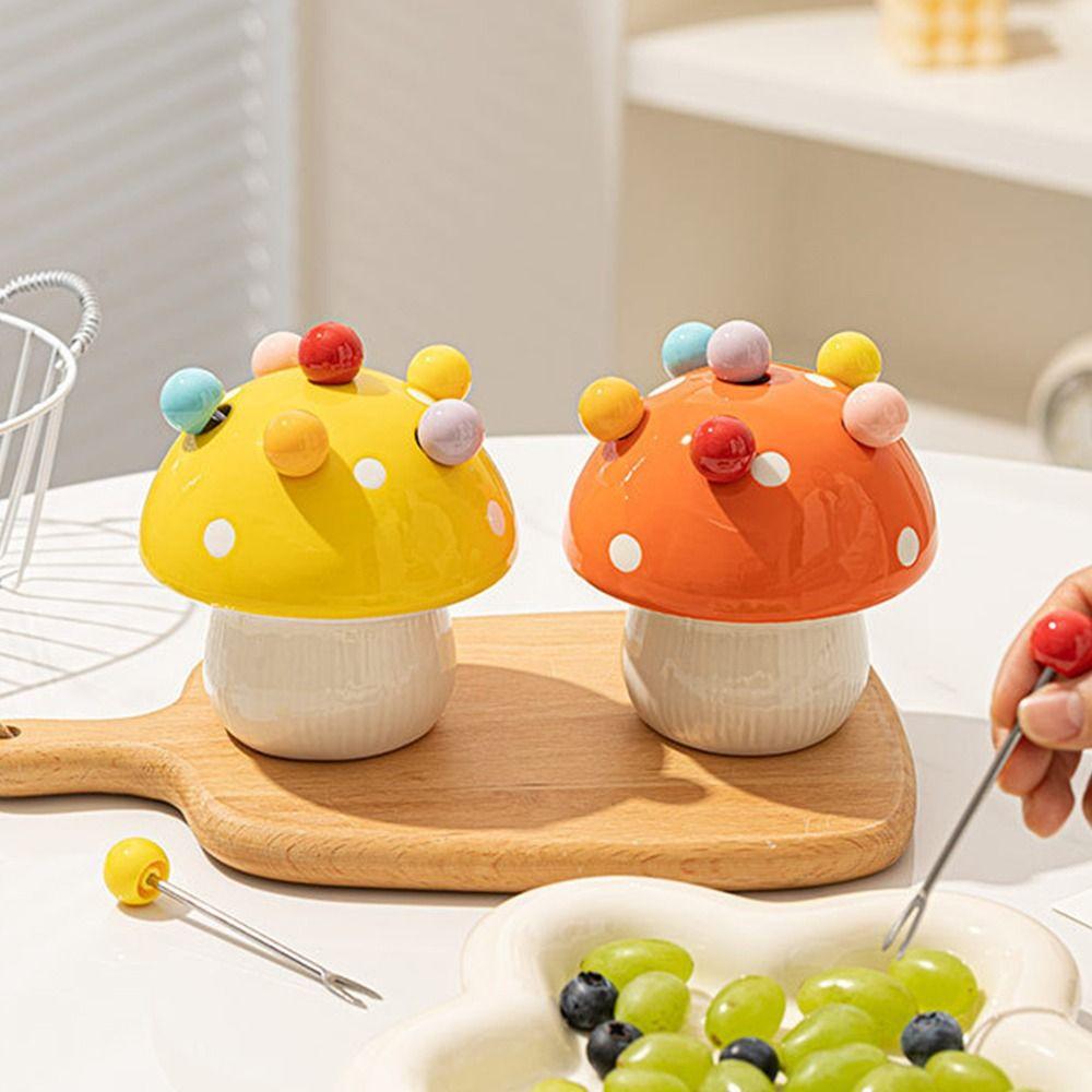Creative Mushroom Fruit Fork Anti-scald Cute Toothpick with Holder  Household