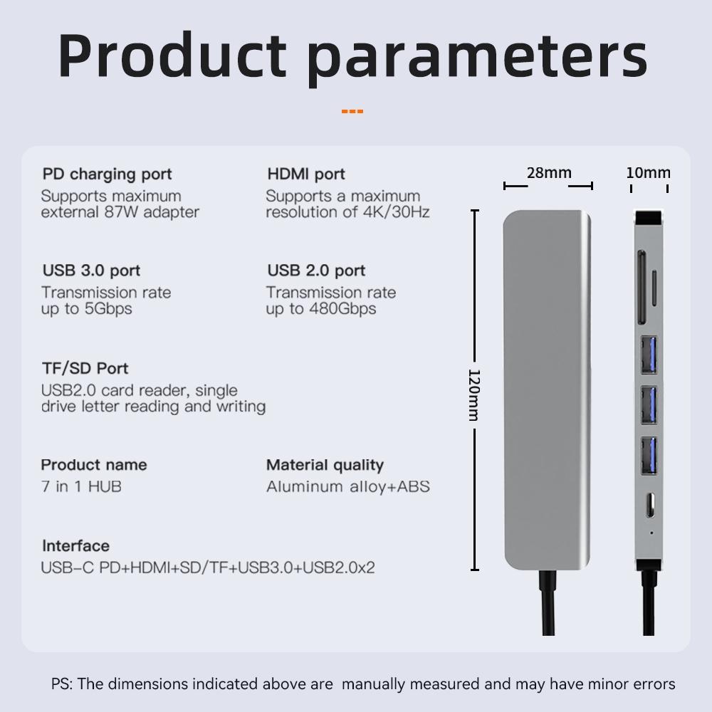 USB C Hub 7 In 1 Type C To HDMI With SD TF Cards Reader PD 100W Power 4K 60hz HDMI Docking Station 2-USB 2.0 for Laptop PC Macbook