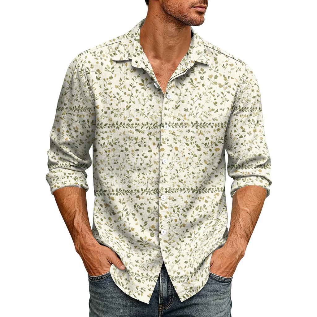 Men's Loose Fit Long Sleeve Shirt Hawaiian Style Button Down Collar Casual Vintage Design Lightweight Breathable Fabric Suitable for Spring Autumn