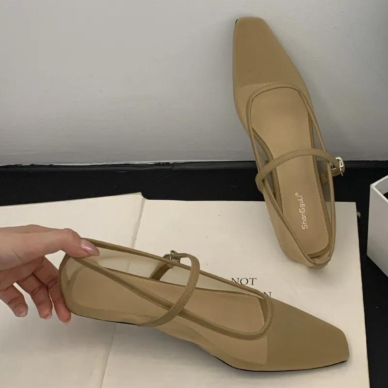 Fashion Retro Mesh Brand Flat Ballet Flat Shoe Women Fashion Buckle Square Toe Shallow Mary Jane Shoe Summer Casual Non Slip Flat Sandal