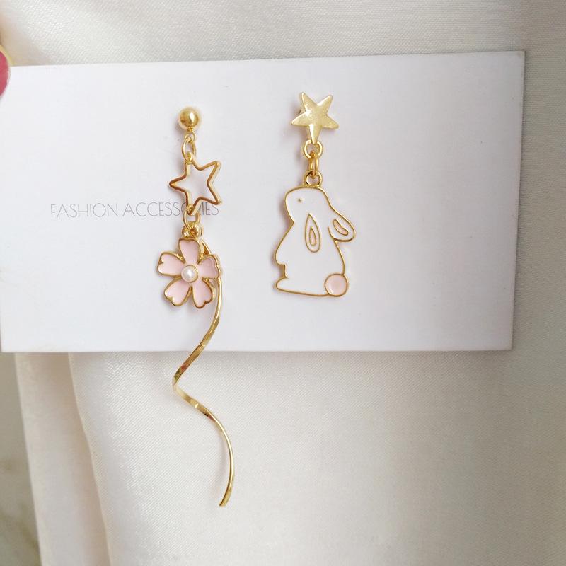 

S925 Silver Rabbit & Flower Asymmetrical Earrings - Pink Star Ear Clips, No Piercing