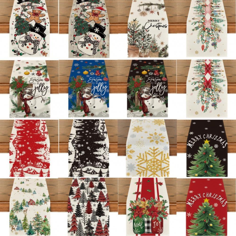 Festive Snowman Christmas Tree Table Runner Home Kitchen Dining Tablecloth for Party Decoration