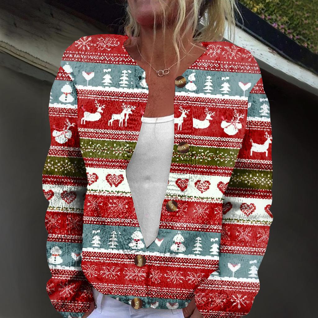Women's Fashion Christmas Print Long Sleeve Knitted Cardigan Button Jacket