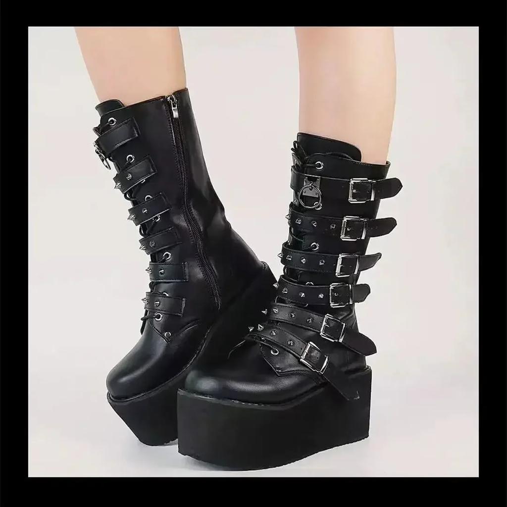 Fashion Gothic Street Cool Woman Boots Wedges Buckles Big Size 43 Glittered Black Chunky Platform Motorcycles Boots Women