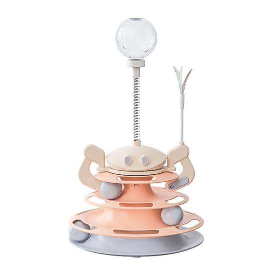 

Игрушка для кошек с поворотным столом, 3-уровневая роликовая дорожка, башня для кошек, игрушка с перьями и шариками, интерактивная головоломка для кошек, живущих в помещении розовый