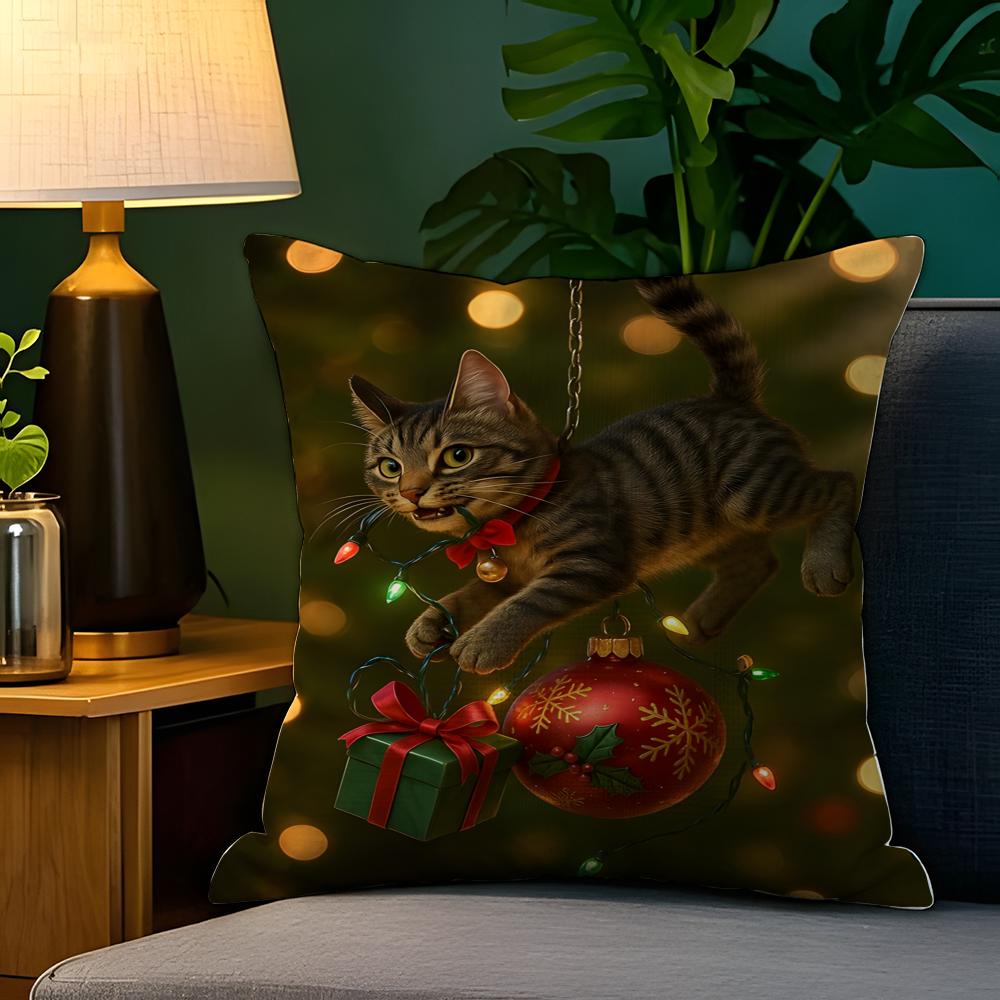 Cute Cat with a Red Hat Decoration Pillow Case Natural Linen Pillow Case DoubleSided Decor Sofa Pillowcase Home Decor