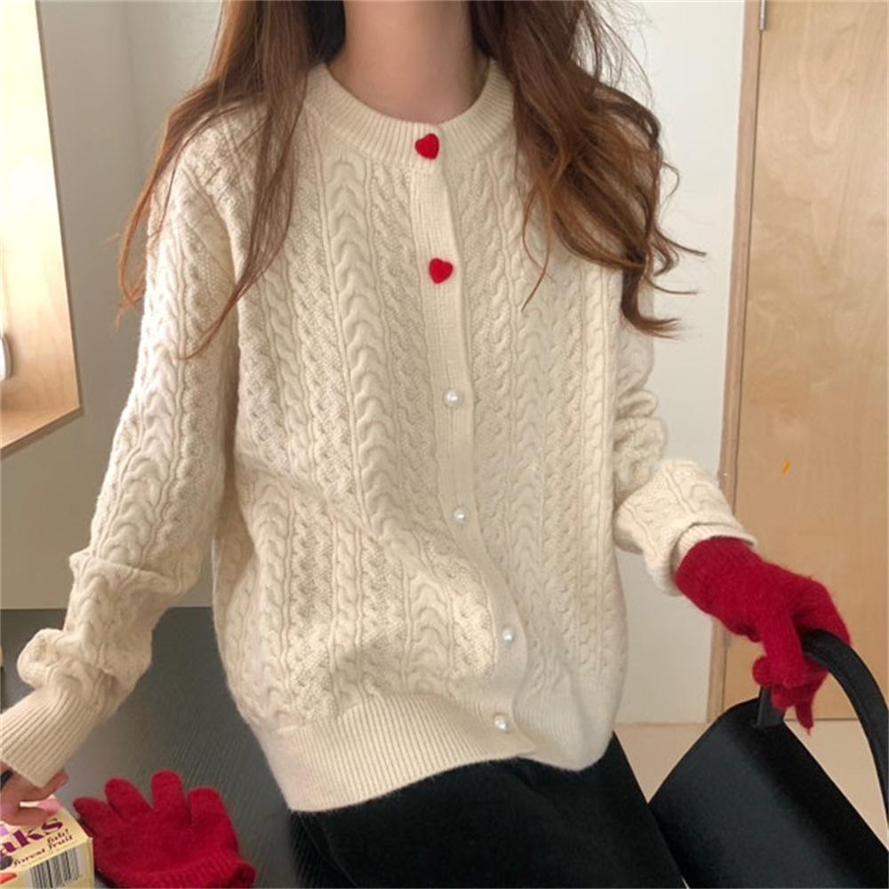 Autumn and Winter Women's  Sweater Round Neck Love Button Fried Dough Twists Knitted Cardigan