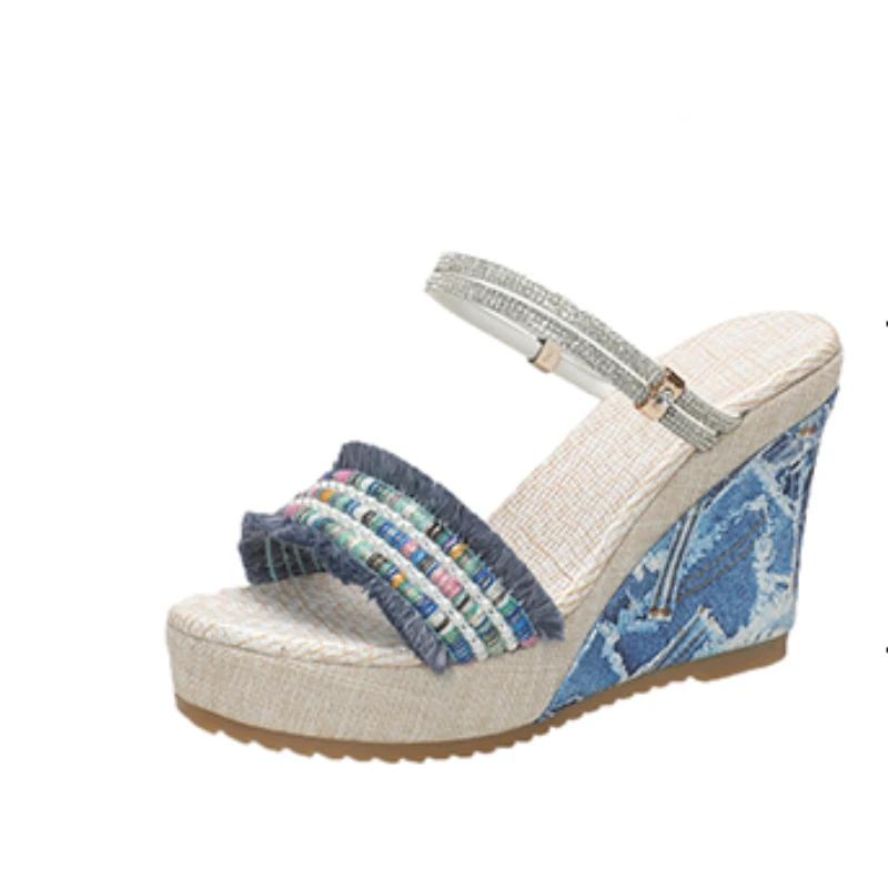 

мода 2024 Лето Высокое Качество Женская Обувь Модные Цветные Блоки Открытый Носок Женские Тапочки Большие Размеры Женские Тапочки На Высоком Каблуке 42 синий