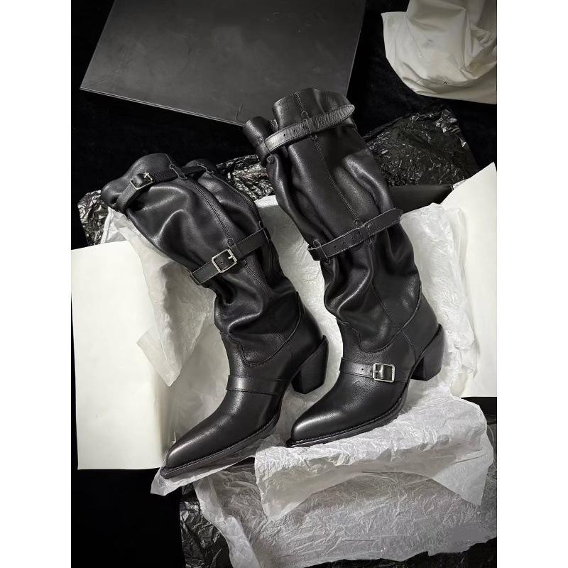 Cowhide version pointed pile boots niche design retro western cowboy boots thick heel hot girl fashion sense long boots women 40 8120₽