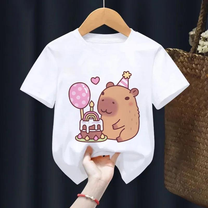 Kids Pure Cotton T-Shirt Cute Capybara Casual Short-Sleeve Cartoon Pattern Top Girls Kawaii Spring/Summer Children's Clothing