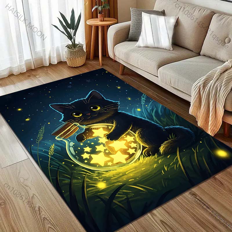 1PC Black cat holding star jar Carpet for Living Room Bedroom Sofa Home Decor Rus Non-slip Floor Mat Luxury Gift