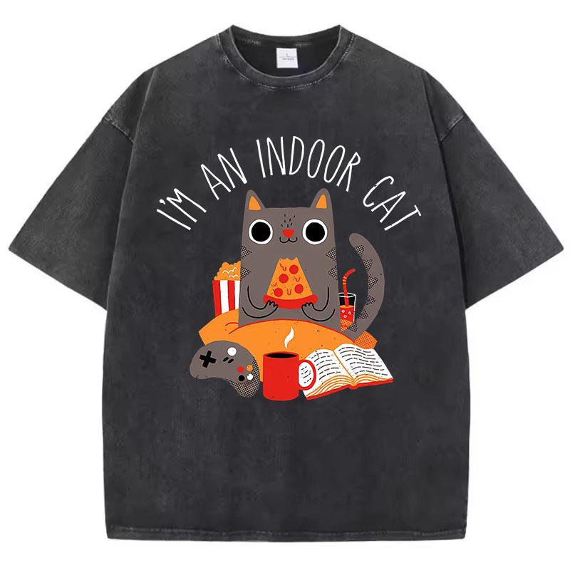 Lustiges Ich Bin Eine Hauskatze Buch T-Shirt Vintage Gewaschenes Baumwoll-T-Shirt Grafik-T-Shirt Lässige Streetwear für den Frühling