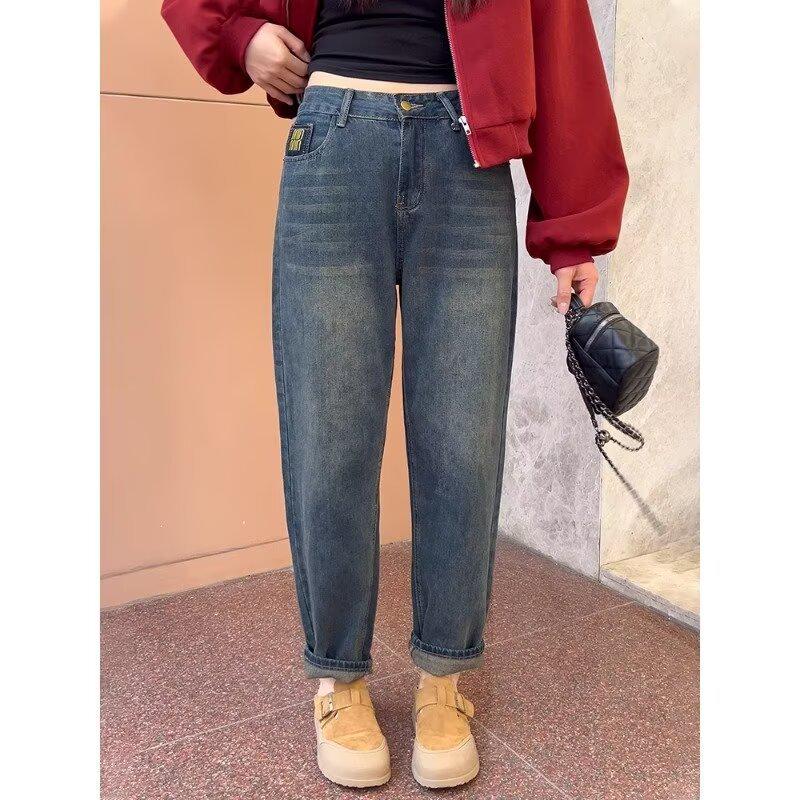 

Женские джинсы гаремы с высокой посадкой и вышивкой, зауженные, свободного кроя, брюки папы весна/осень 2024 2XL серый