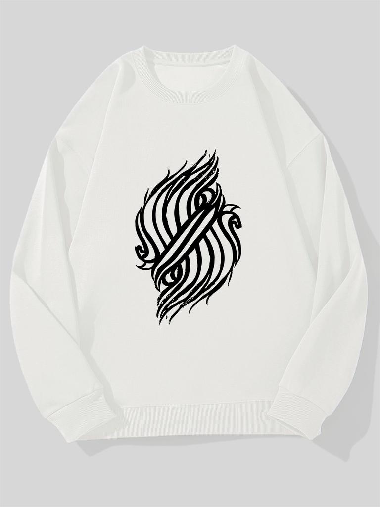 Men's White Flame Graphic Oversized Sweatshirt - Casual Round Neck Sweater,Machine Washable Solid Color Top for Casual Attire & Layering