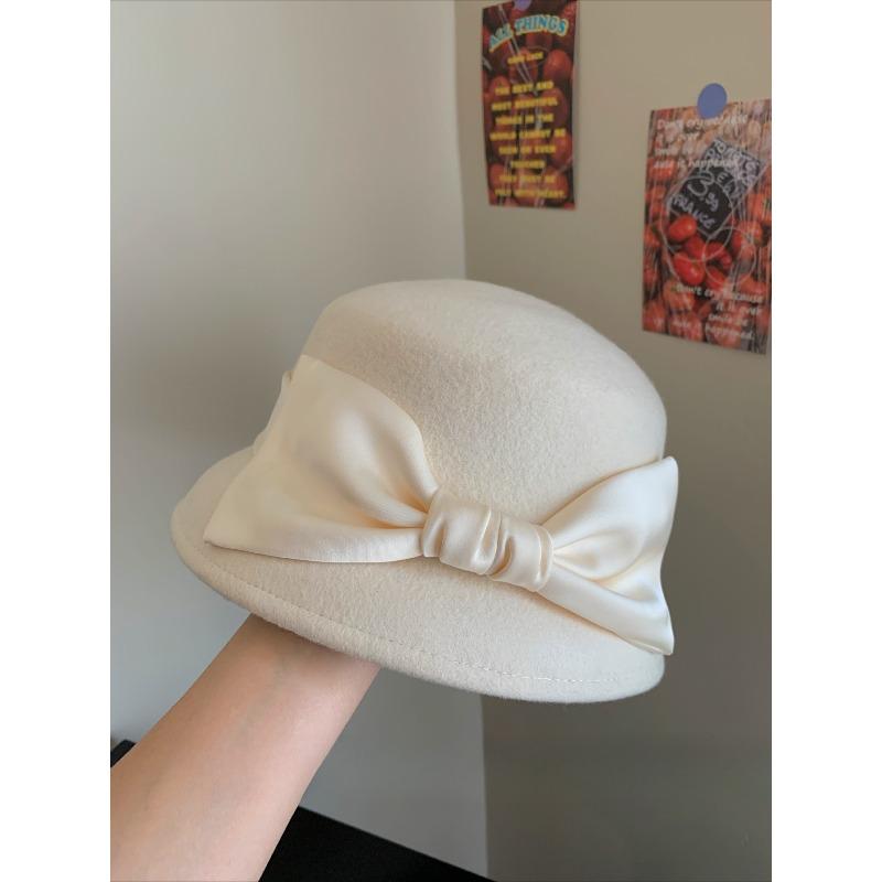

Top Hat Autumn and Winter Australian Woolen Flat Top Bow Fisherman Hat Autumn and Winter Elegant Basin Hat one size