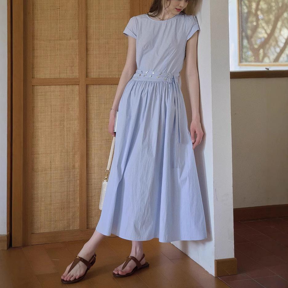 Blue Waist Skirt Simple Casual Short-sleeved Dress Female Summer Cotton A Line Skirt