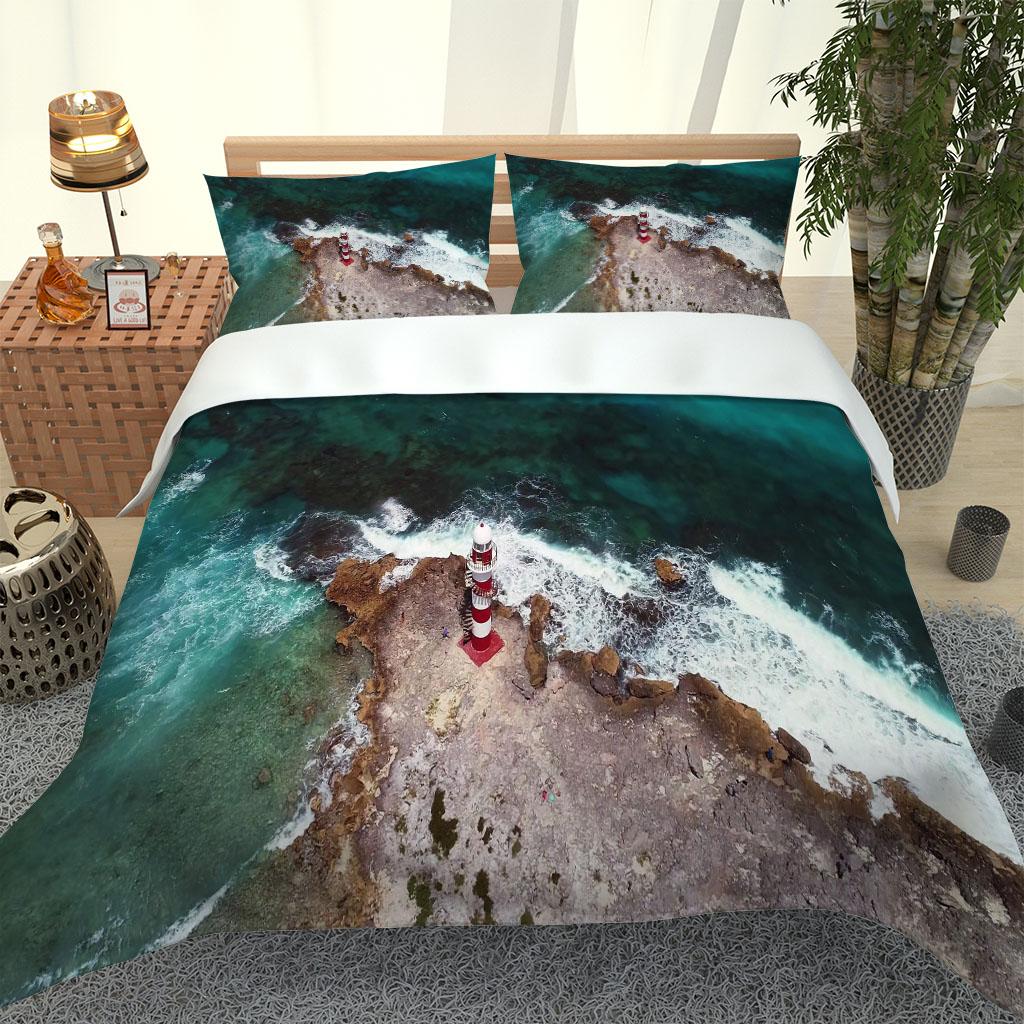 3D Landscape Beach Lighthouse Microfiber Duvet Cover Double Bed 1 Zip Duvet Cover And 2 Pillowcases FashionBedding Collection