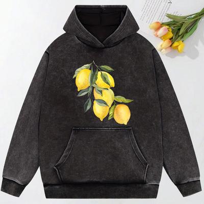 Kreativer Zitronen-Druck Gewaschene Streetwear Hip Hop Mode Kapuzenpullover Allround Lockerer Pullover Y2K Übergroße Kleidung