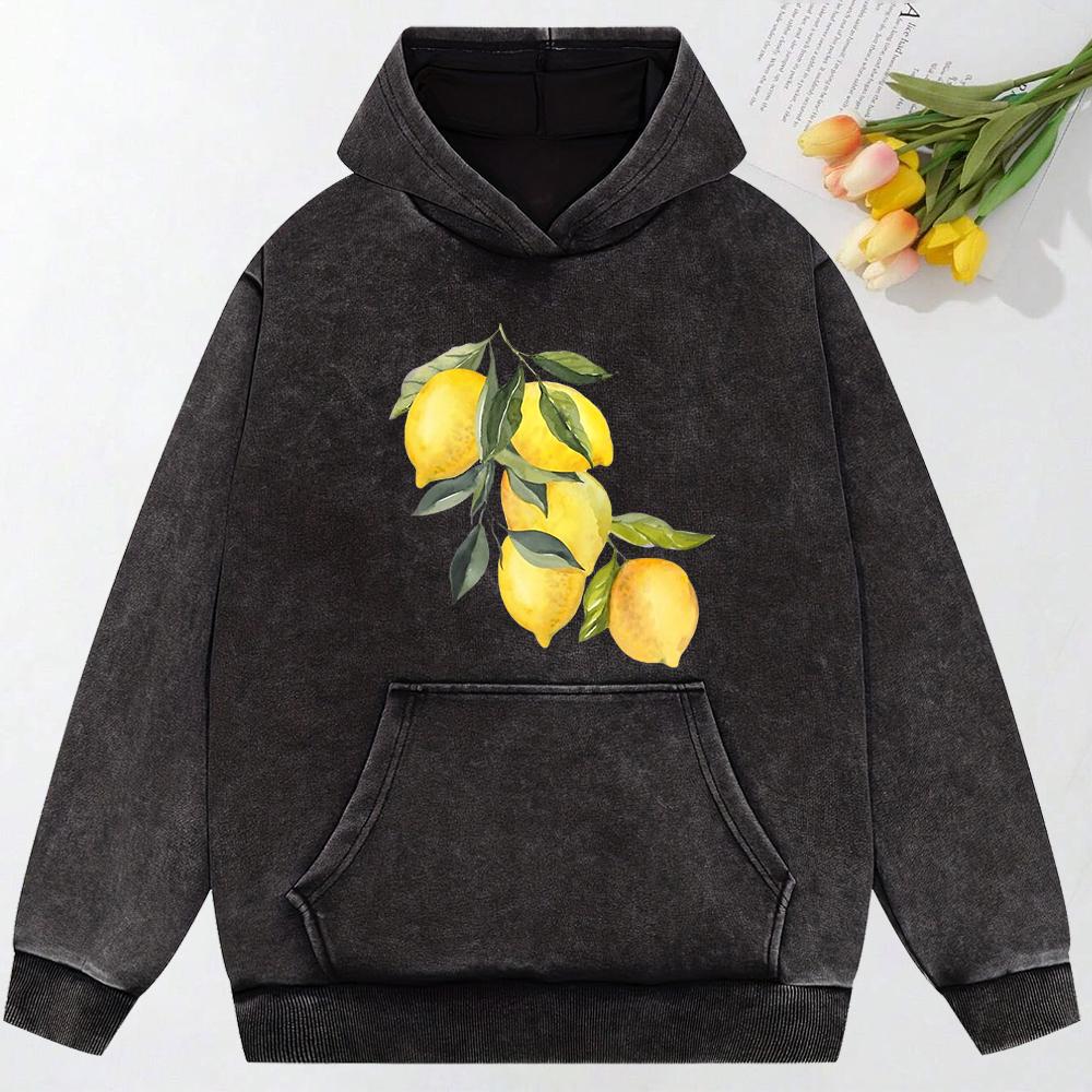 Creative Lemon  Printing Washed Streetwear Hip Hop Fashion Hoody All-Match Loose Pullover Y2K Oversized Clotheing