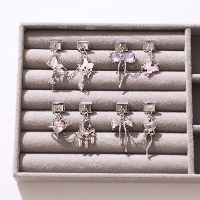 Y2K Zircon Moon Bow Star Pink Heart Tassel Chain Italian Charm Links Fit 9MM Stainless Steel Bracelet Women DIY Making Jewelry