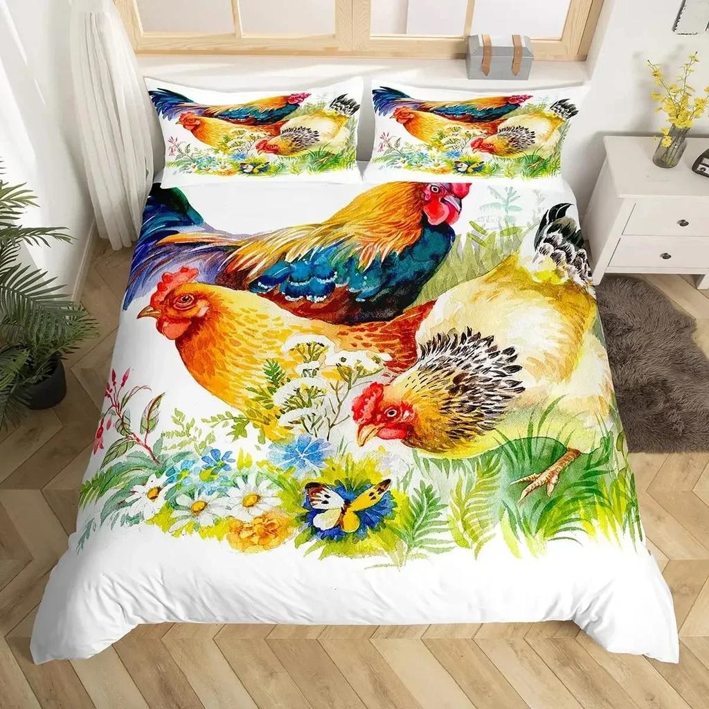 Farm Animal Chicken Duvet Cover Twin King Size Country Sunflower Rooster Comforter Cover Microfiber Rustic Farmhouse Bedding Set
