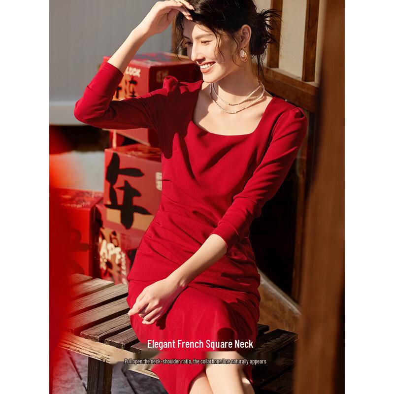 XWI Elegant French Style Square Neck Red Dress