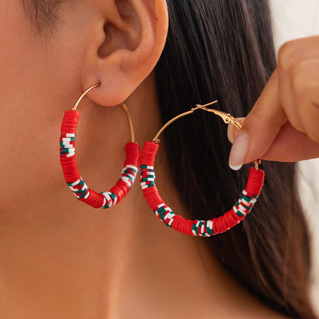 Creative Christmas Contrast Earrings, Personalized Holiday Gifts Santa Soft Pottery Round Ring Earrings