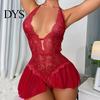See-through Halter Neck Nightdress Women Sexy Hollow Out Lace Slim Fit Sleeveless Backless Deep Strappy Nightgown V Lace-up Open Crotch Lady Sleepwear