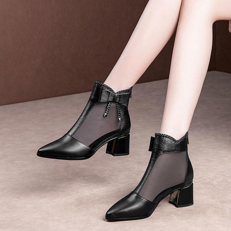 Mode FHC Cut-Out Sandalen Stiefel Frau, Sommer High Heels Mesh Schuhe, Reißverschluss hinten, Schleife, Spitze Zehenpartie, Damenschuhe, SCHWARZ, Dropship