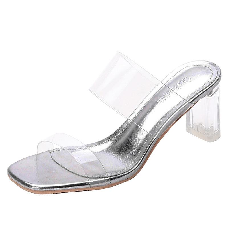 High Heels Sandals Women's Summer New Fashion Transparent Middle Heel Crystal Shoes Fashion Thick Heel Outer Slippers