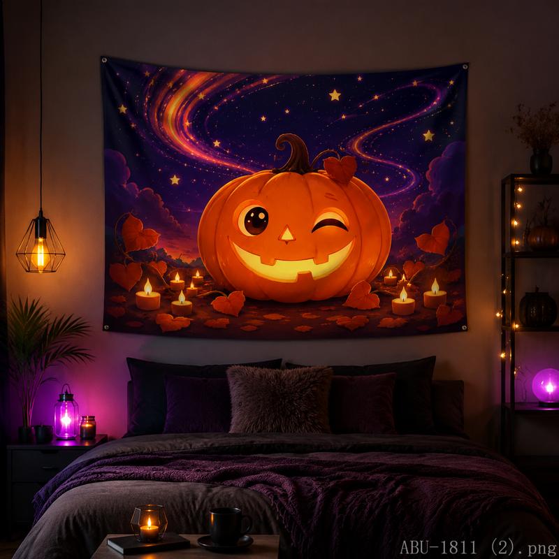 Spooky Halloween Pumpkin Tapestry Dark Stormy Night Wall Art for Party Home Background Decor