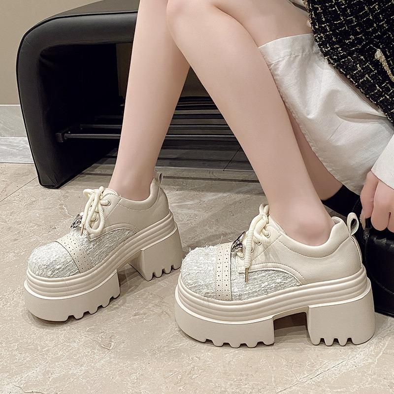 New leather sequined cloth thick sole thick heel lace-up low-top shoes single shoes round head women's shoes
