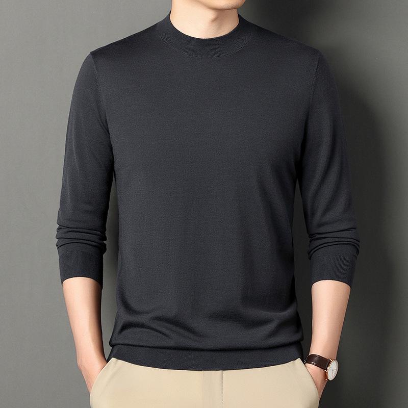 Herren Feinstrick Pullover aus reiner Wolle mit Rundhalsausschnitt, Mondgrau/Weinrot, Einfarbig, Nicht kratzend, Herbstkollektion.