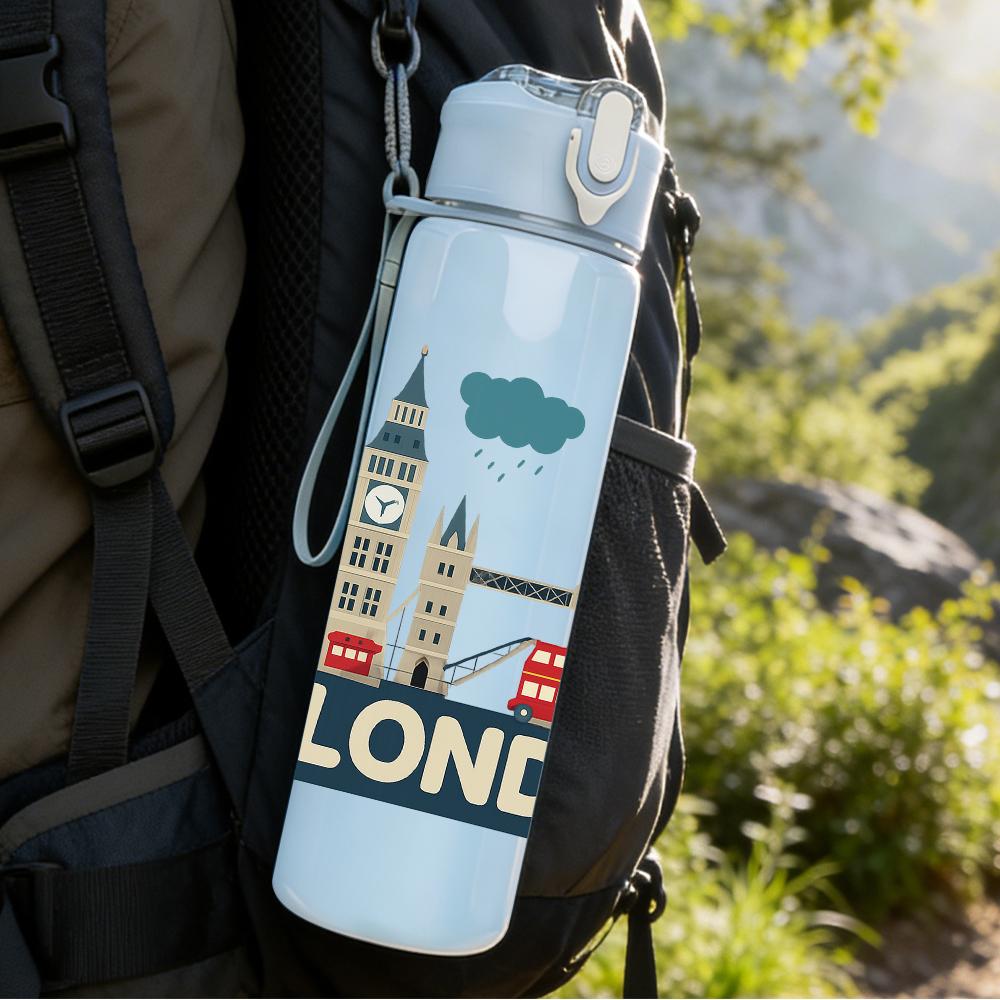 1PC London Tower Bridge Scene 750ml Color Plastic Sports Water Bottle Leakproof Flip Straw Lid For Sports Office Home Use