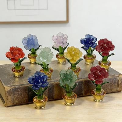 Mini Glasrose mit Topf Bunte Rosenblüten-Ornamente Sammlerstück Handgeblasene Kunstkristall-Blütenfigur für Muttertag Geburtstag Tisch
