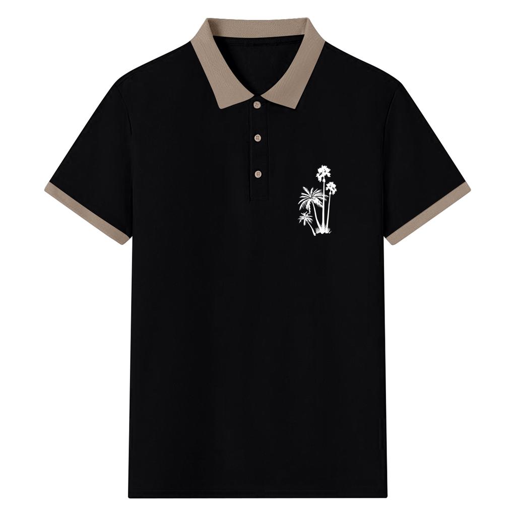 Men's Summer Print Color-blocked Lapel Short-sleeve T-shirt Casual Sporty Top