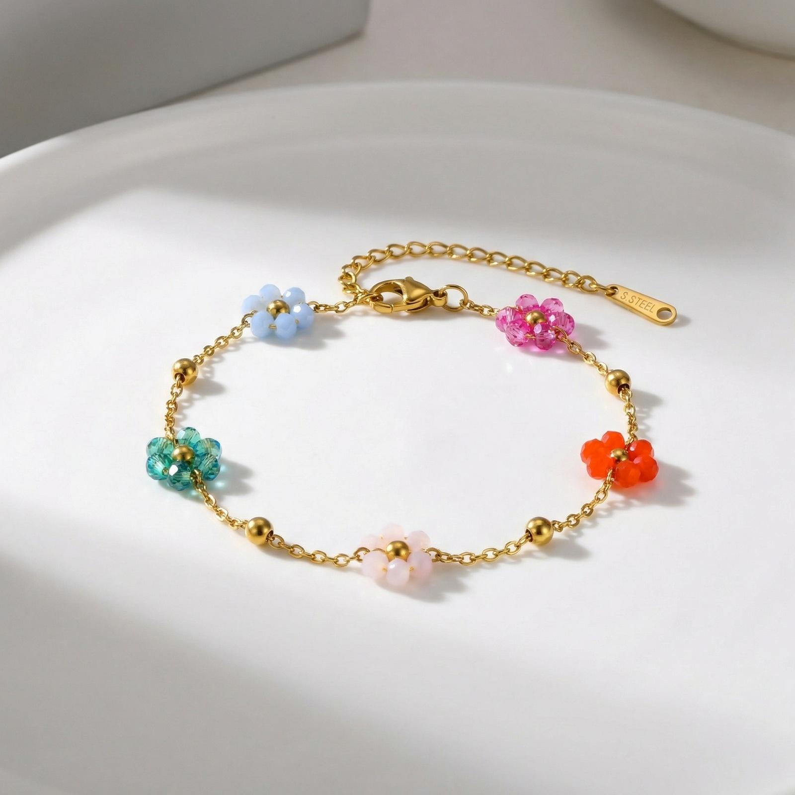 

Sweet Colorful Flower Bracelet for Women Girls Stainless Steel Flower Bracelets Jewelry Gold Color Beads Chain Birthday Gift