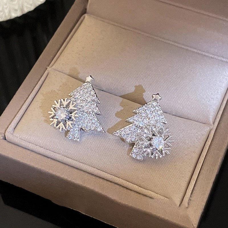 Rotatable Christmas Tree Zircon Stud Earrings, Sterling Silver, Light Luxury Design for Women