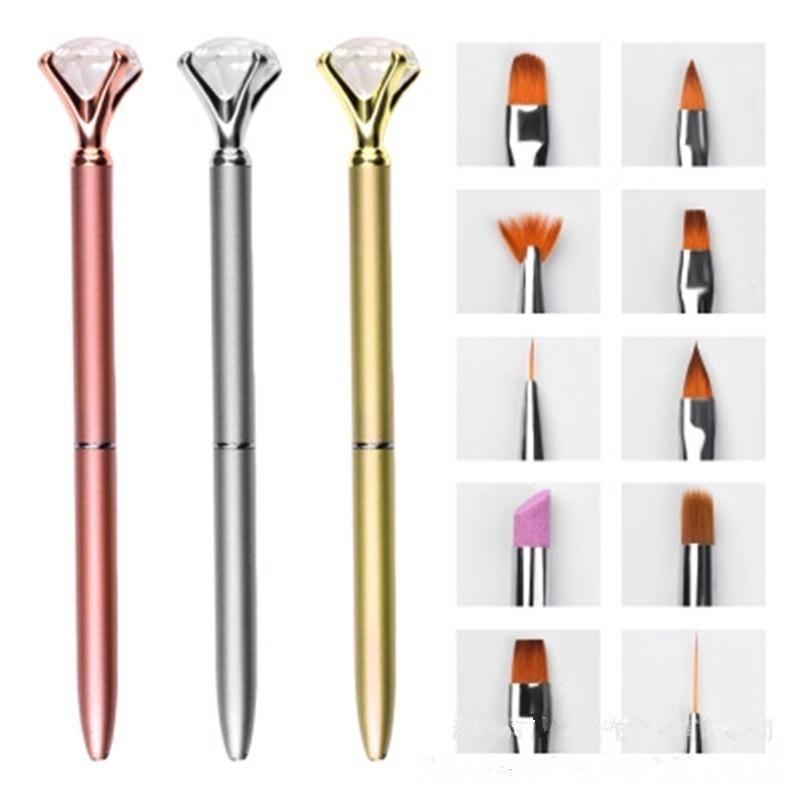 10 In 1 Replaceable Painting Nail Brush Set Rhinestone Drawing Line Color Crystal Phototherapy for Design Soft Slender Nail Pen