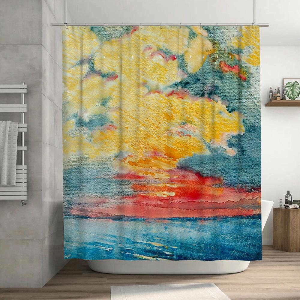 Watercolor Sunburst Shower Curtain Vivid Blue Red Yellow Design for Bathroom Decor