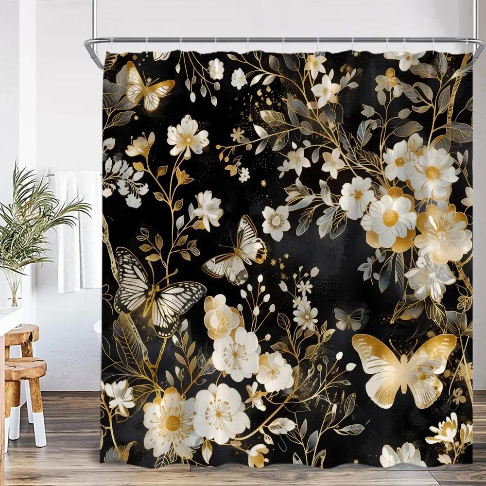 Vintage Floral Shower Curtain Plant Butterfly Floral Bathroom Curtain Decorative Polyester Bathtub Curtain With Hook