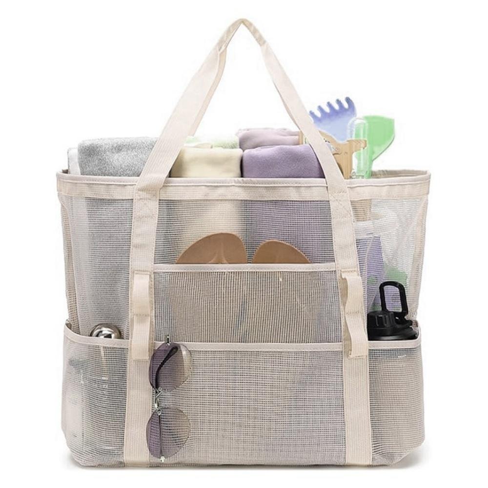 Borsa da Spiaggia Multifunzione in Rete Borsa Tote Portatile per Cosmetici con 9 Tasche Borsa da Viaggio per Asciugamano Articoli da Toeletta Organizzatore
